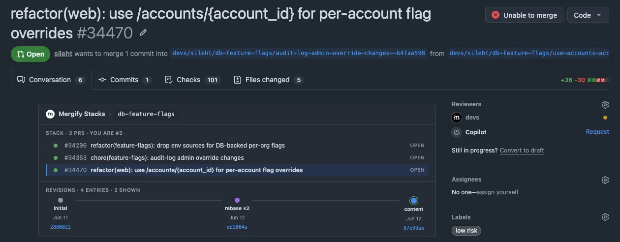 Mergify Stacks panel with the stack and its revision history timeline on a PR